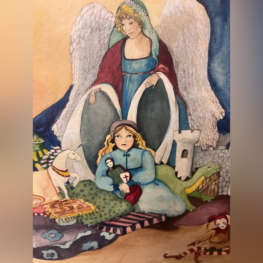 Original painting religious Art Angel Cross Christian watercolor CJ DICK signed
